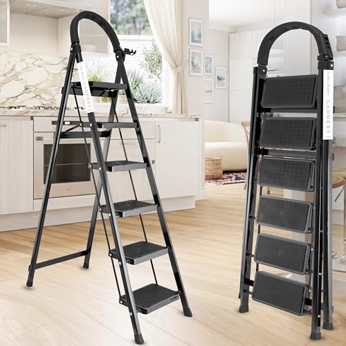 Image of Black 6 Step Ladder for Home Use with Built-in Tool Tray | Heavy Duty D Shape Rods | Ultra Large Platform | Wide Rubber Feet | 150Kg Capacity Foldable Ladder - 7 Years Warranty