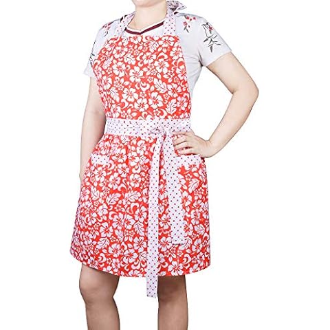 Love Potato Fashion Flower Pattern Housewife Home Chef Cooking Cotton Apron Bib Apron with Two Pockets, Small to Plus Size Ladies, Red Cover