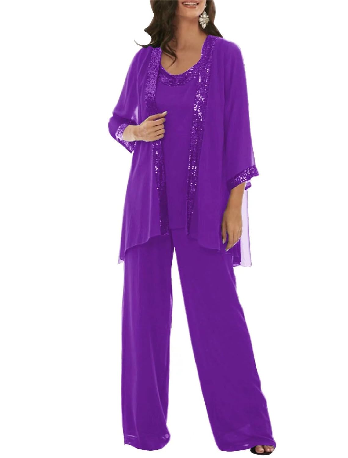 3 Pieces Dressy Pant Suits for Women with Long Sleeve Chiffon Outfits Formal Dress and Evening Gown with