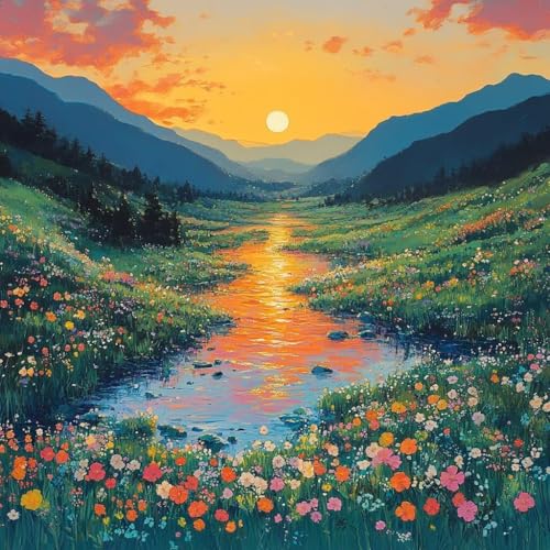 数字油絵 日没, 油絵 キャンバス 植物, DIY Paint by Numbers for Adults Kits 含む アクリルペイントそして ブラシ, DIY 数字塗り絵 適切な 大人 初心者, 家庭やオフィスの壁装飾, ギフト 女性, 45x45c