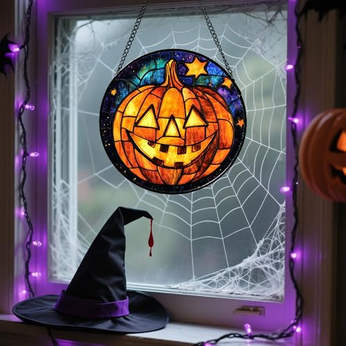 Image of Stained Glass Window Hanging Halloween Horror Golden Pumpkin 6.3 inch - Suncatcher Door Garden Sunroom Gothic Style Sun Catcher Birthday for Friend Mom Men Woman Nana