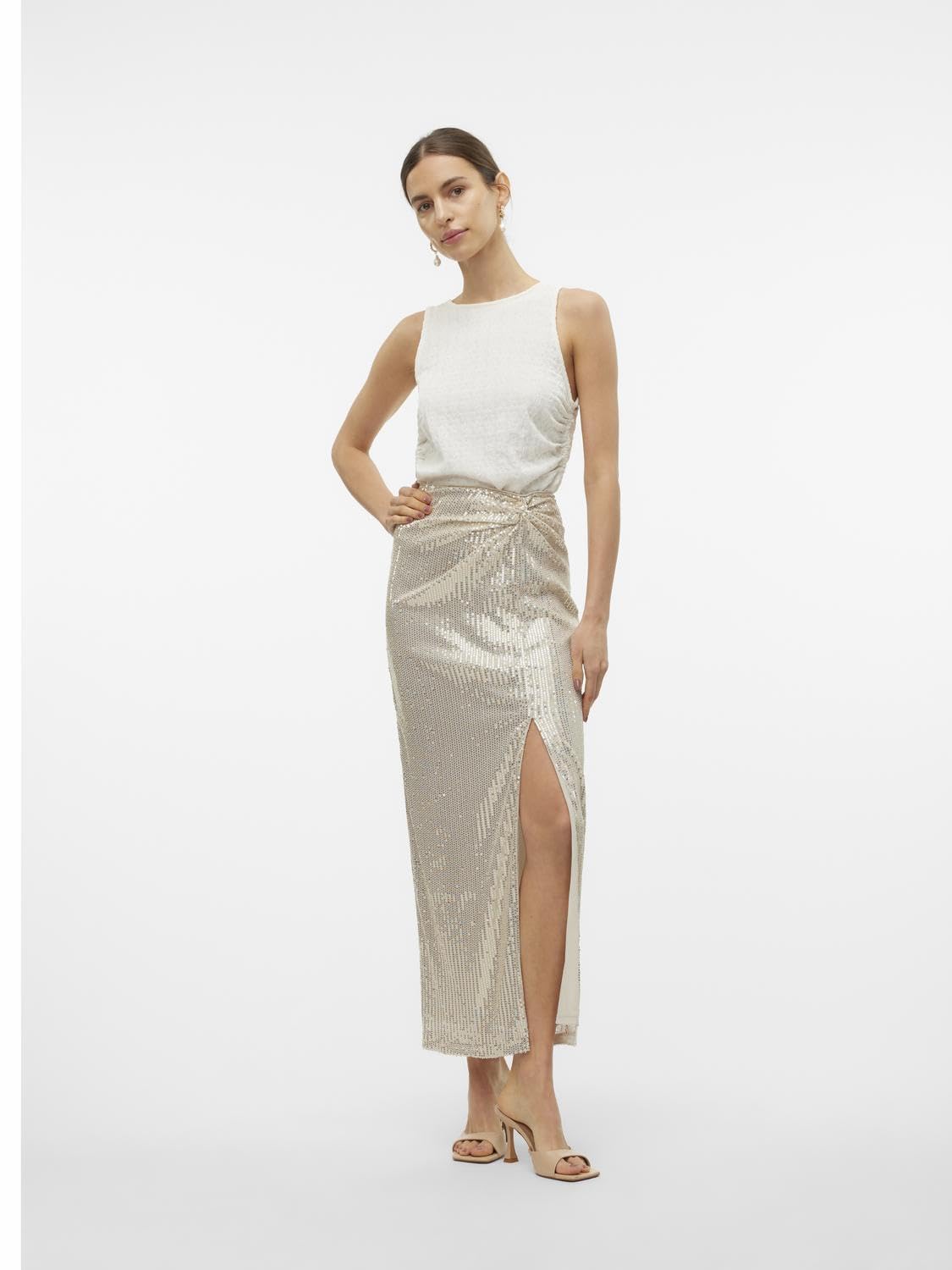 VERO MODA Gonna di Paillettes a Tubino, Lunghezza alla Caviglia e Arricciatura Laterale con Spacco.