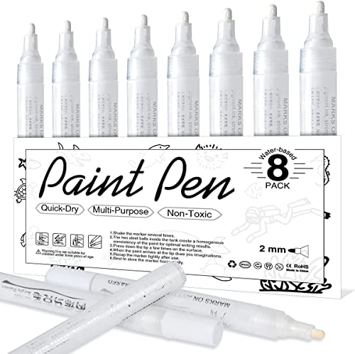 White Paint Pen for Art - 8 Pack Acrylic Markers Fine Tip for Rock Painting, Stone, Glass, Wood, Ceramic, Paper, Metal, Canvas, Easter Egg, Water Based DIY Craft Supplies Set for Adult & kids