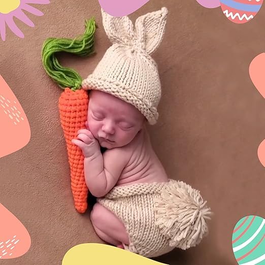 Image of BabyMoon Set of 3 | Baby Carrot Theme Rabbit Costume | Baby Photoshoot Props | Baby Gift Set | Short Hat & Carrot Toy | 0-3 Months