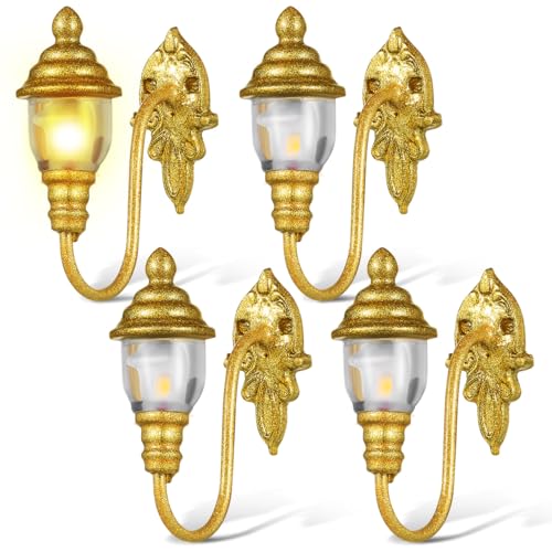 Image of DOITOOOL 4 Pcs Dollhouse Wall Lights, Mini Vintage Doll House Lights Dollhouse Wall Sconces 1:87 Scale Miniature Lamps Models for DIY Micro Landscape Sand Table Ornaments, Golden