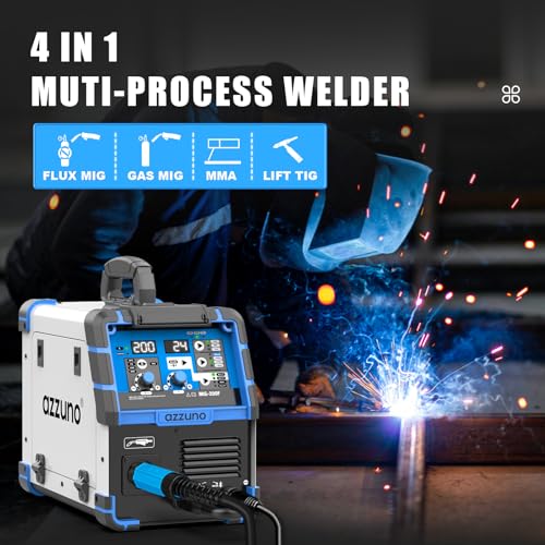 AZZUNO 200A MIG Welder,110V/220V Dual Voltage multiprocess welder,Gas Gasless MIG Welding Machine,4 in 1 Flux MIG/Solid Wire/Lift TIG/Stick ARC Welder (Grey)