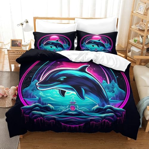 Housse de couette dauphin 3D drap cyberpunk avec 2 taies pour lit single - 3