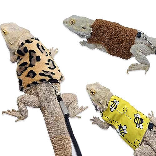 Image of 3 Packs Bearded Dragon Harness and Leash Adjustable(S,M,L) - Soft Leather Reptile Lizard Leash for Amphibians and Other Small Pet Animals (Leopard)