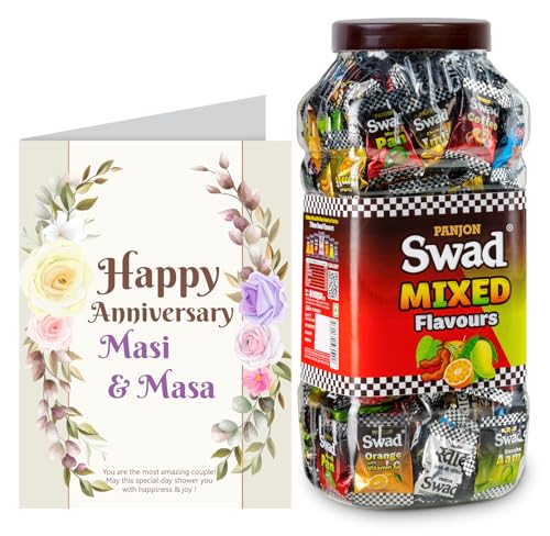 Image of Swad Happy Anniversary Masi /Mousi & Masaji /Mosa Gift with Card (Swad Mixed Flavours Candy 200 Jar & 1 Greeting card) 2 units