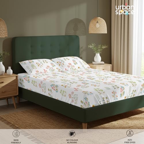 Image of Urban Space Serene 100% Cotton King Size Bedsheet, 200 TC Super Soft Bed Sheet for King Size Bed, Floral Design Flatsheet King bedsheet with Two Pillow Covers (108 x 108 Inches, Eden White)