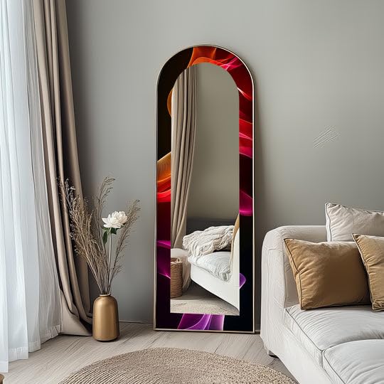 Specchio da pavimento a onde luminose cremisi da 23,5'' W x 67''H Crimson Drift - Specchio da pavimento arcuato a tutta lunghezza - Specchio da pavimento colorato con cornice nera