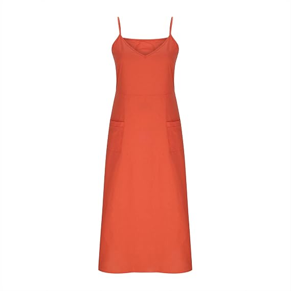 Summer Dresses for Women UK Sleeveless Cotton Linen Long Dress Spaghetti Straps Camisole Boho Flowy Maxi Dresses Plus Size Loose Comfy Beach Vacation Sundress with Pockets