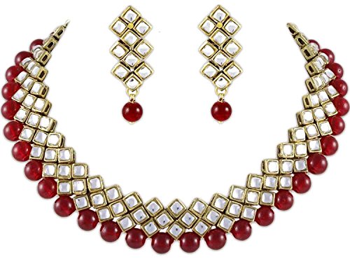 Shining Diva Red Kundan Pearl Choker Traditional Necklace Jewellery Set with Earrings For Women (7813s)