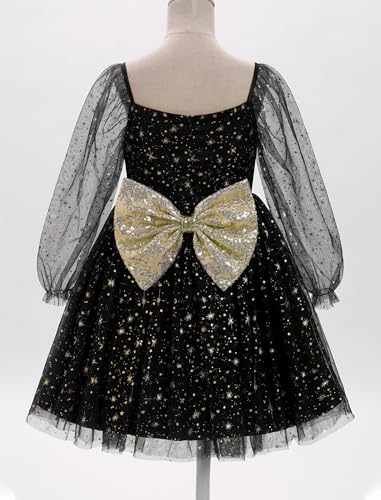 OBEEII Girls Birthday Party Dress Long Sleeve Star Glitters Tulle Gown Sequin Bowknot Princess Pageant Christmas Dress4