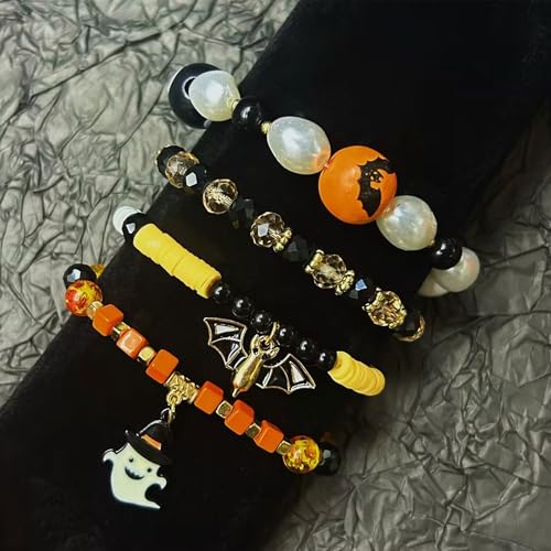 Halloween Bracelets for Women Pumpkin Skull Ghosts Bat Spider Stretch Beaded Bracelets Stackable Bracelet Halloween Jewelry for Women3