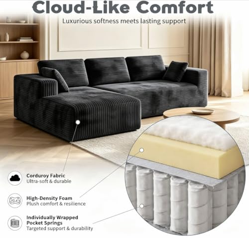 Image of 93 inch L-Shaped Modular Sectional Sofa with Chaise, Boneless Corduroy Cloud Couch with Deep Seat and Oversized Comfort, Flexible Module Combination for Living Room, No Assembly Required