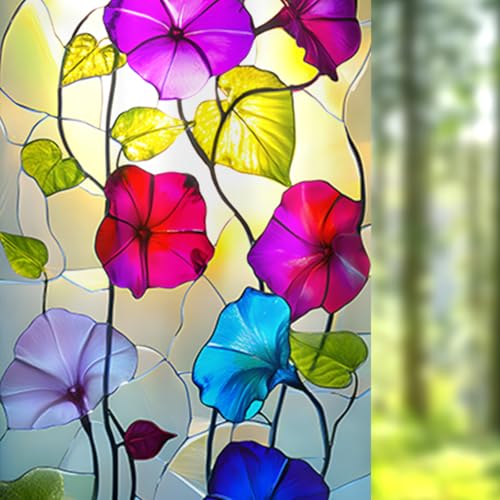 Nuxovilar Stained Glass Morning Glory Window Film, 17.7×39.4inch, Colorful Floral Pattern Static Cling for Home & Decor (Sparkle)