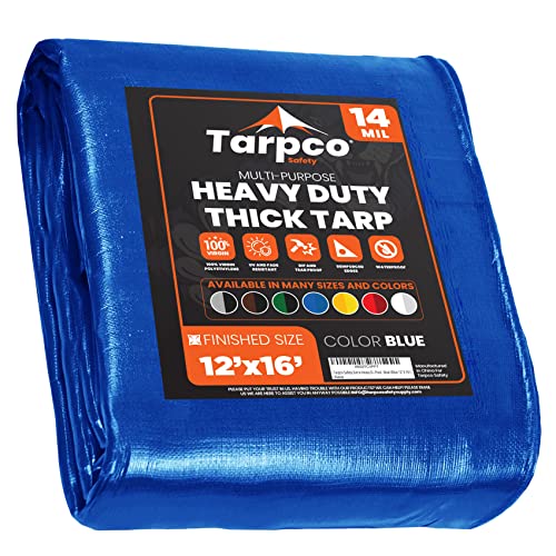 Image of Extra Heavy Duty 14 Mil Tarp Cover, Waterproof, UV Resistant, Rip and Tear Proof, Poly Tarpaulin with Reinforced Edges for Roof, Camping, Patio, Pool, Boat (Blue 12′ X 16′)