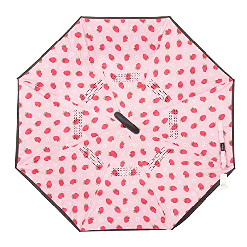 Nollia Double Layer Inverted Umbrella - C Shaped Handle Reverse Folding Windproof Umbrella (Black Solid With Pink Strawberries And Daisy) #TOP4