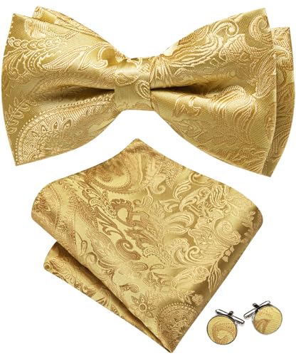 Image of YOHOWA Paisley Striped Men Bow Tie Pre-Tied Formal Adjustable Colorful Bowties Handkerchief Cufflinks Set Wedding Party