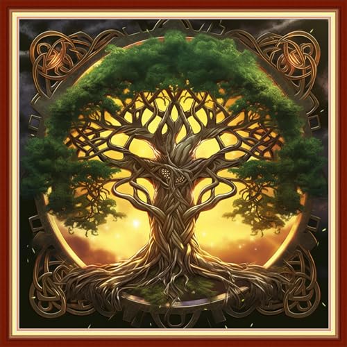 Image of Disxvivy Cross Stitch Stamped Full Embroidery Kits DIY 11CT Cotton Thread Printed DIY Needlepoint Kits Craft Needlework Set Cross-Stitch Stamped Sets-Magic Tree 18x18 inch