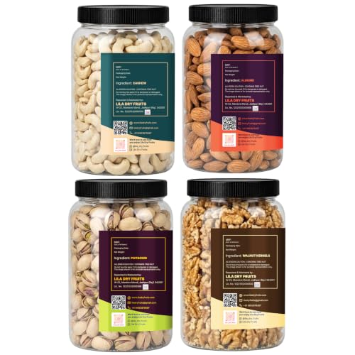 Image of LILA DRY FRUITS Dry Fruits Combo Pack of Almonds, Cashews, Walnuts & Pistachios 100 Gms x 4 Mixed Nuts Assortment for Daily Snacking Perfect for Gifting
