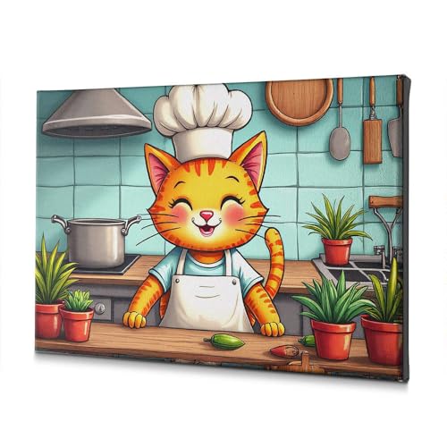 Tableau de Pâques chat cuisinier sur toile de lin avec motifs fleurs de saison