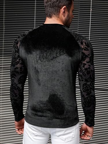 WDIRARA Men's Floral Lace Mesh Fleece Fuzzy T-Shirt Crewneck Raglan Long Sleeve Casual Tee Tops2