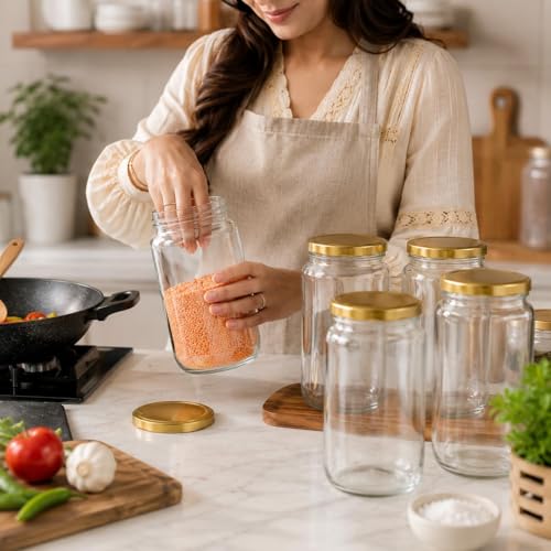 Image of Pure Source India Premium 800gm Clear 6 Pcs Glass Jar with Gold Lug Cap | Airtight Food Storage Jar for Honey, Jam, Pickles, Spices & Preserves