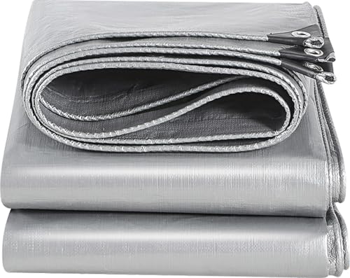 Abdeckplane,Gewebeplane,Schutzplane,Bootsplane,Zeltunterlage,Wasserdicht Abdeckplane mit Ösen, Reißfest Wetterschutzplane für Camping Garten LKW Anhängerplane,Silber
