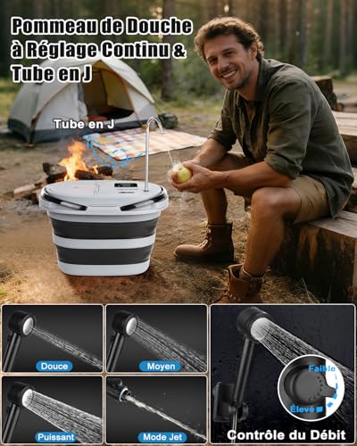 Douche portable IPX8 à 5 vitesses réglables et écran LED