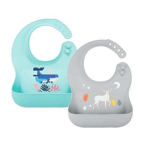Yoofoss Baberos de silicona para bebés y niños pequeños 2 baberos impermeables para bebés y niñas sin BPA fácil de limpiar grisazul claro