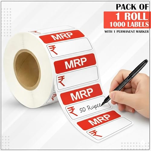 Image of GLUN MRP Price Stickers 1000 Labels + 1 Black Permanent Marker | 38x25 mm Self Adhesive MRP Price Tags | Blank Printable & Handwriting Labels for Retail Shops
