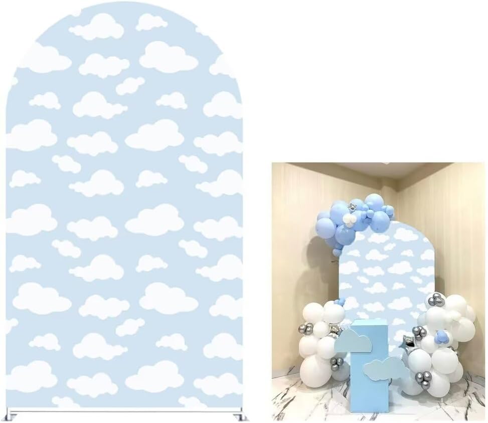 Blue Sky White Clouds Pattern Arched Backdrop Covers，Double-Sided Stretchy Arched Stands Cover Chiara Backdrops Child Birthday Parties Decor Baby Shower Party Display Arch Props GX-328-2.5x6ft