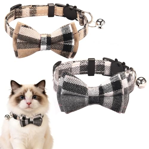 2PCS Cat Collar Set with Plaid Bow Ties Adjustable Breakaway Safety Design for Indoor and Outdoor Cats Two Collars in Brown and Gray Patterns