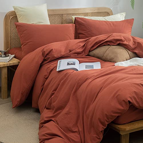 Image of BESTOUCH Cotton Solid Duvet Cover Set Linen Feel Crimson Red Queen | 100% Washed Cotton, Soft Wrinkle Texture, Hidden Zipper, 8 Ties, Breathable Lightweight Durable Comfy, 3 Pcs No Insert