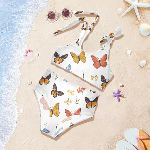 JUNZAN Cartoon Cute Butterflies White Girls Bikinis Sets High Waisted 2 Piece Swimwear Girls Bikini Bottom 3T4