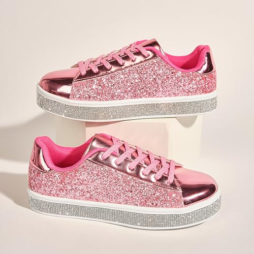 Image of UUBARIS Women's Glitter Tennis Sneakers Neon Dressy Sparkly Sneakers Rhinestone Bling Wedding Bridal Shoes Shiny Sequin Shoes