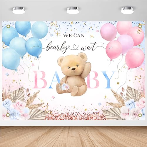 Image of Avezano Boho Bear Gender Reveal Backdrop Banner Boho Floral We Can Bearly Wait Gender Reveal Decorations Pampas Grass He or She Baby Shower Party Decor (8x6ft)