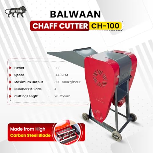 Image of Balwaan Krishi Electric Chaff Cutter, 1HP Motor, Blades Made with Stainless Steel, 300-500kg Production Capacity for Grass Cutting, Low Noise & Low Maintenance Chaff Cutter, Fodder Cutter CH-100