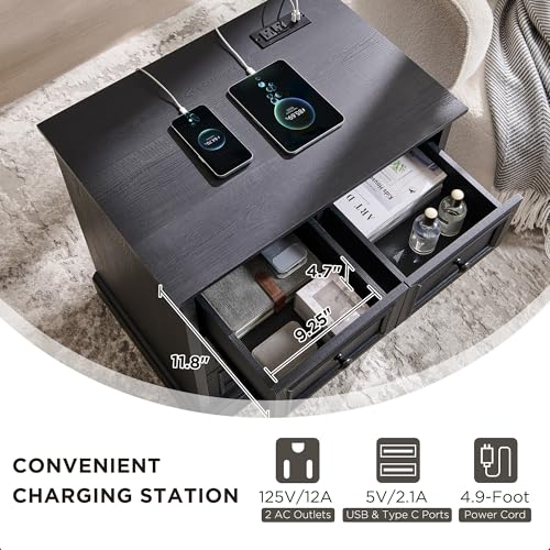 Image of ACCOHOHO 26 inch W Nightstands Set of 2, Farmhouse End Table with 4 Drawers for Storage, Nightstand with Charging Station for Bedroom, Black