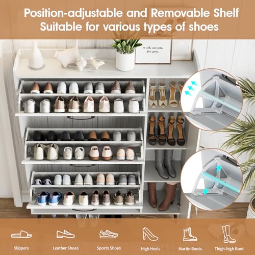 Image of Maupvit Shoe Cabinet with 3 Flip Drawers & Mirror, Hidden Shoe Storage Cabinet with 5 Wooden Legs, Slim Shoe Rack Cabinet with Shelves and Door for Entryway, Hallway, Living Room, White