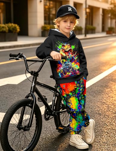 Image of Boys Clothes, T-Rex Print Dinosaur Boy Clothes Fall Winter Outfits Long-sleeved Hooded Sweatshirt Pants 2Pcs Set