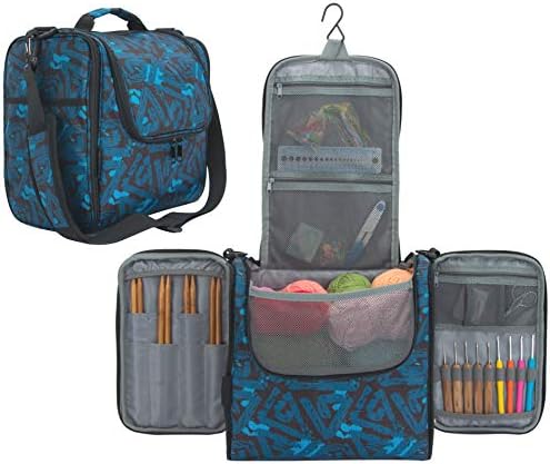 PACMAXI Yarn Storage Knitting Bag-High Capacity Portable Yarn Tote Storage Organizer with Shoulder Strap and Hook for Cotton Yarns, Crochet Hooks, Knitting Needles(Up to 10 Inch) (Blue)