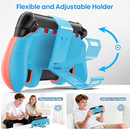 Image of OIVO Grip Compatible with Nintendo Switch 2, Switch 2 Ergonomic Grip Case with Adjustable Stand, Comfort Game Accessories with 5 Game Card Slots and 4 Thumb Caps, Orange Blue