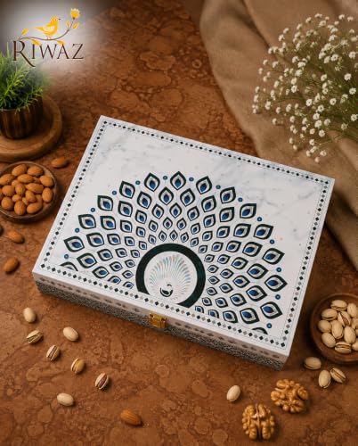 Image of Riwaz Luxury Mor Pankh Dry Fruit Gift Box | 6-in-1 Premium Hamper with Almonds, Cashews, Pistachios, Walnuts, Raisins & Khumani | Ideal for Corporate, Wedding & Festival Gifting (650g)