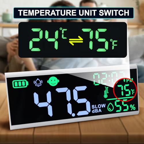 Dezibel-Messgerät, 13 Zoll Schall-Dezibel-Messgerät, Anzeige von Zeit, Temperatur, Luftfeuchtigkeit, Wandmontage und Desktop-Schallpegelmesser mit Summer-Alarm-Symbole, Geräuschmesser für