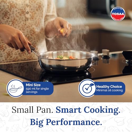 Image of TOSAA TRIPLY MINI Fry PAN- 3-Ply Stainless Steel | Small Non-Stick Frying Pan | Induction & Gas Compatible,Mini Triply Fry Pan for Everyday Cooking | Non-Reactive Steel,Use for TADKA | 430 ml