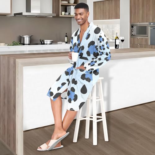 Blue Black Leopard Pattern on White Mens Night-Robe Lightweight Soft Bathrobe Sleepwear with Pockets4