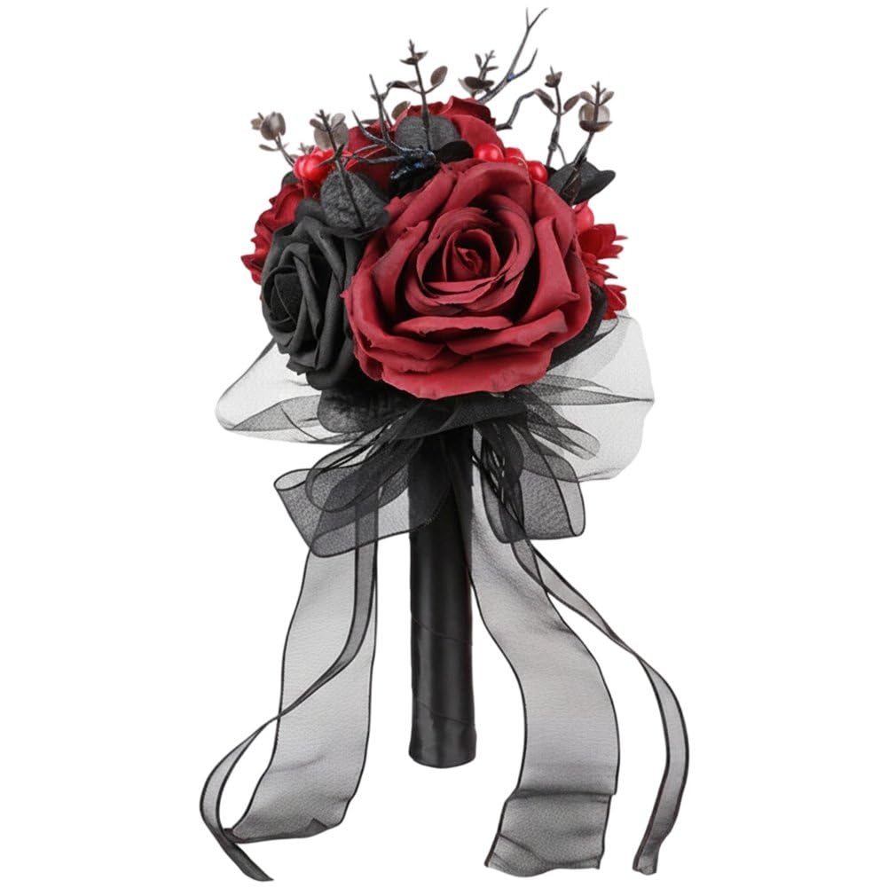 Sslvya Gothic Bridal Bouquets, Halloween Black Fake Flower Bouquet, Artificial Holding Flowers Wedding Bouquets for Brides Bridesmaids Halloween Anniversary